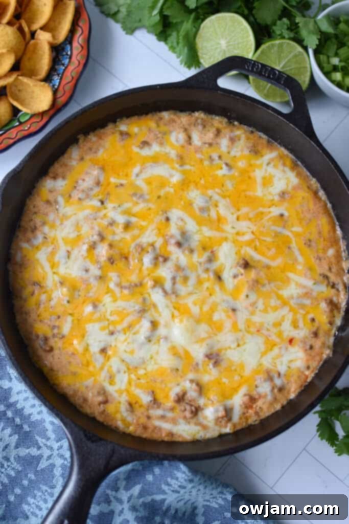 Beefy Cottage Cheese Queso 8 Ground beef and cheese melted in a black cast iron skillet.