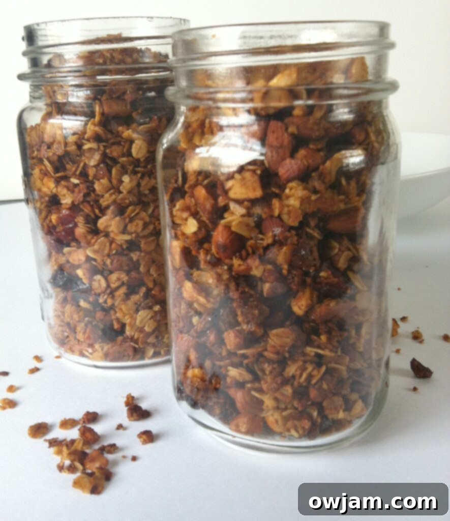Crafting Delicious Granola from Scratch 3 Close-up shot of golden Homemade Granola showing its crunchy texture and various ingredients.