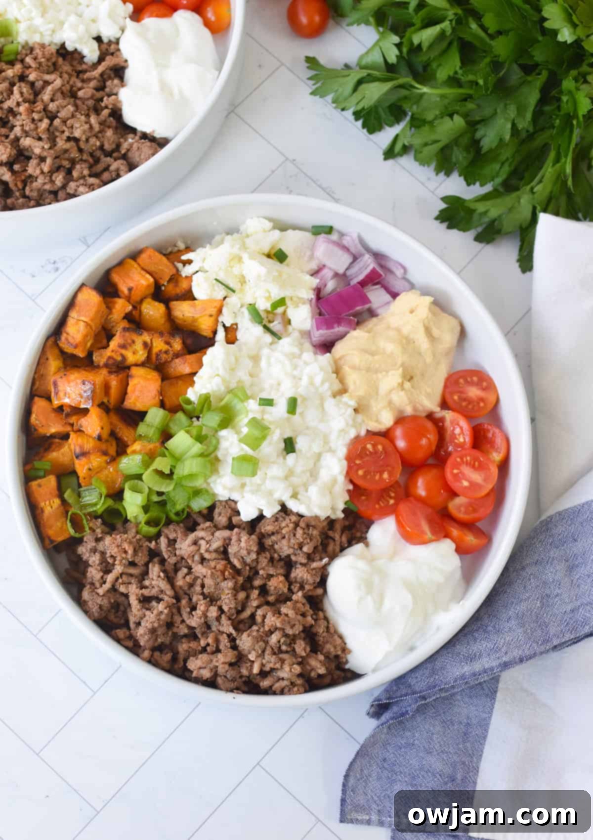 Hearty Sweet Potato Cottage Cheese Ground Beef Bowls 10 Sweet Potato Cottage Cheese Bowls with napkin