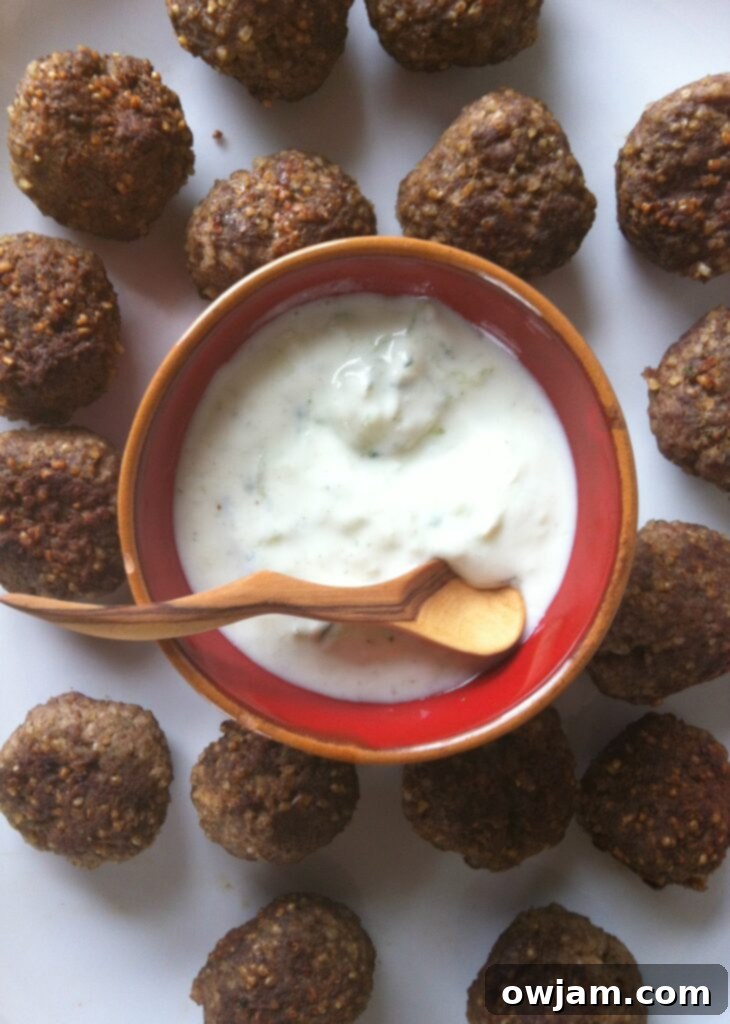 Close-up of Kibbeh Meatballs with Spiced Yogurt Sauce, perfect for an appetizer