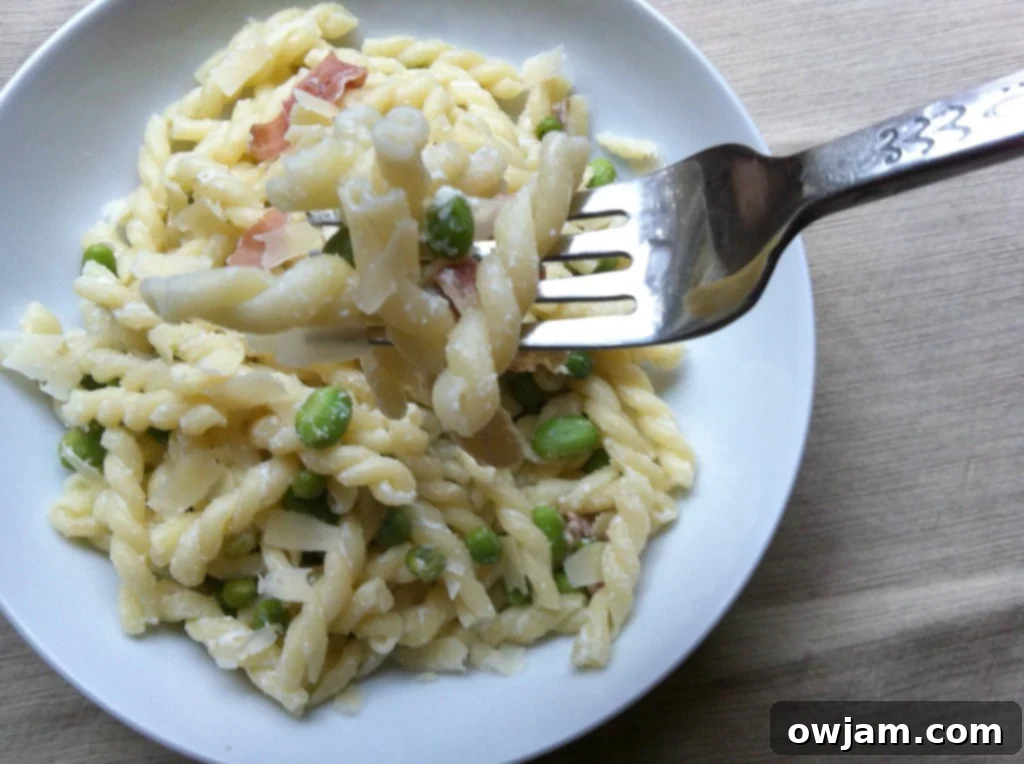 Spring Pasta with Peas Favas and Prosciutto 4 A bowl of pea pasta ready to be served
