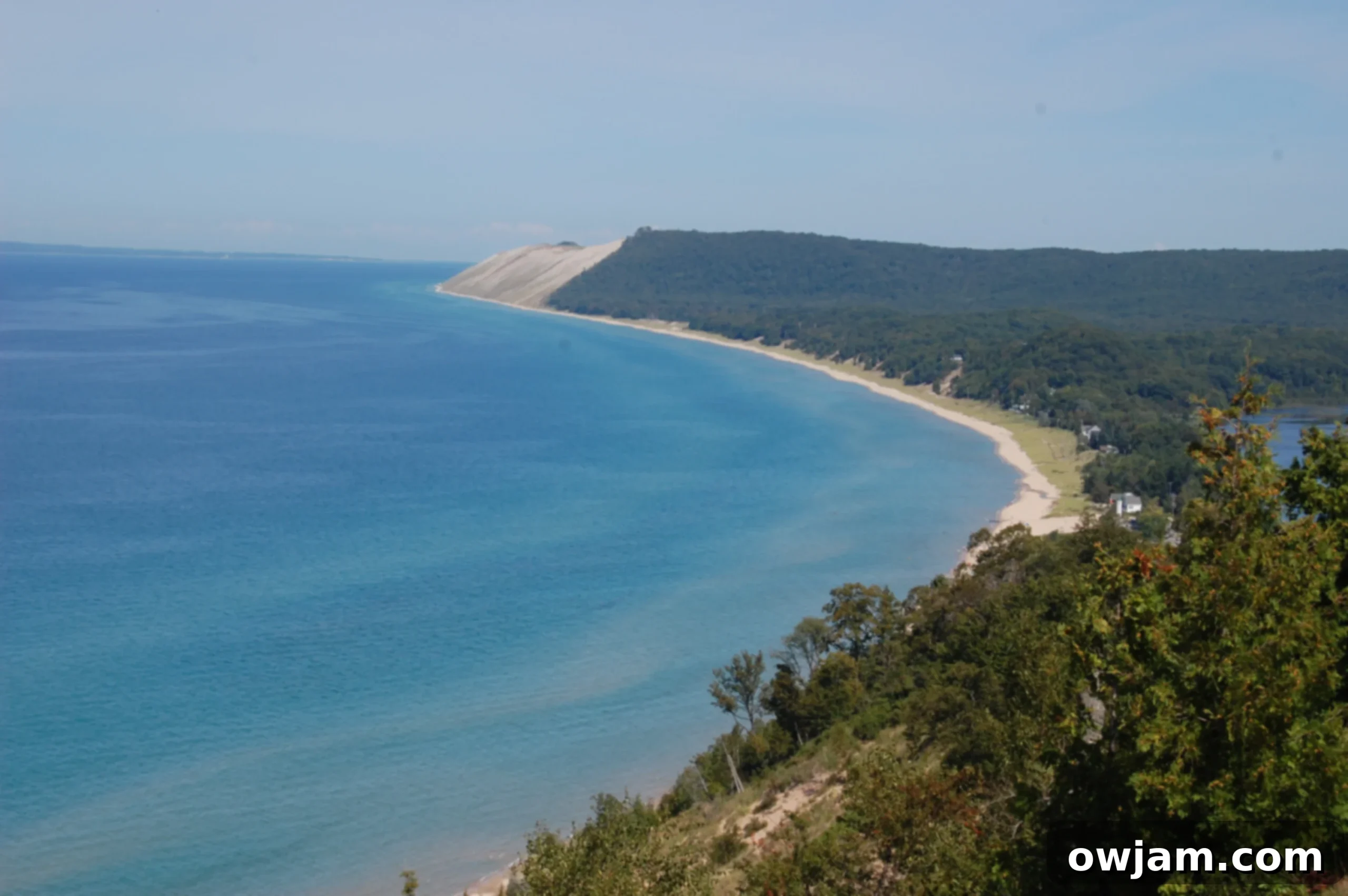 Panoramic view of Sleeping Bear Dunes and Lake Michigan from Empire Bluff.