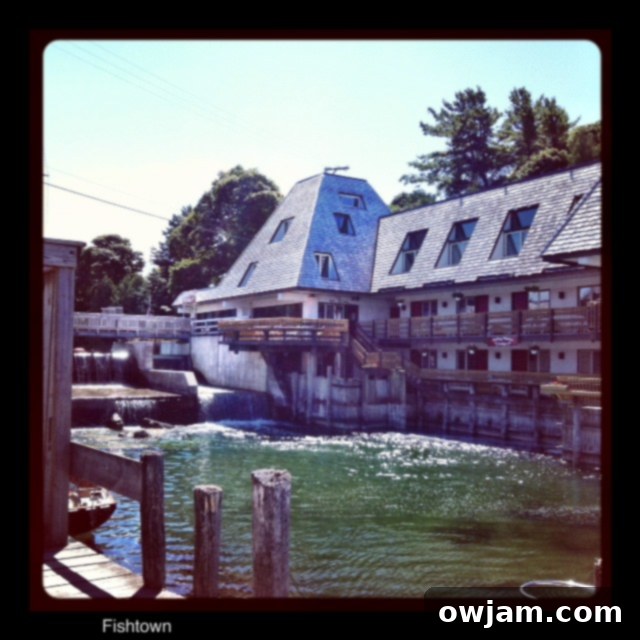 Historic Fishtown in Leland, Michigan, with fishing shanties and boats.