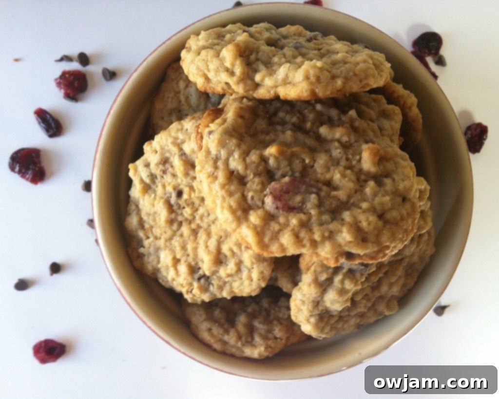 Mom's Loaded Oatmeal Cookies 3 Close-up of freshly baked Loaded Oatmeal Cookies, showing the abundance of mix-ins