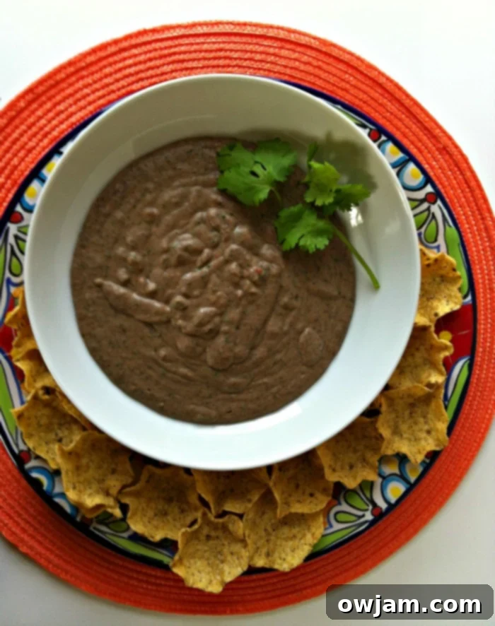 Delicious Smoky Black Bean Dip served with tortilla chips