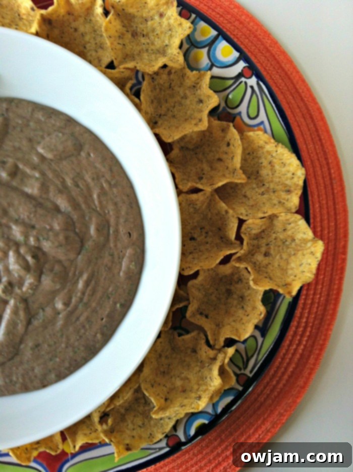 Easy Smoky Black Bean Dip in a white bowl with a side of chips