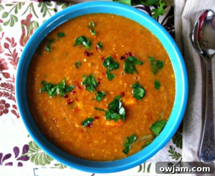 Moroccan Red Lentil Soup in blue bowl
