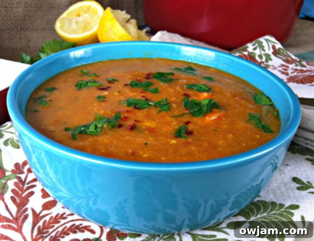 Moroccan Red Lentil Soup in blue bowl