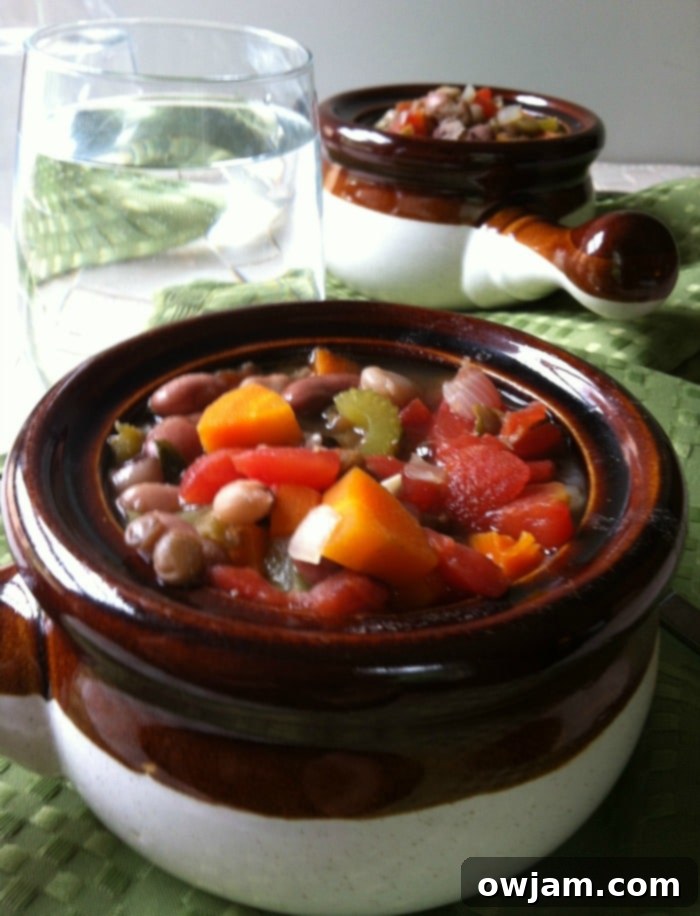 A close-up shot of a hearty bowl of vegetarian 15 bean soup, showcasing its rich texture and colorful beans.