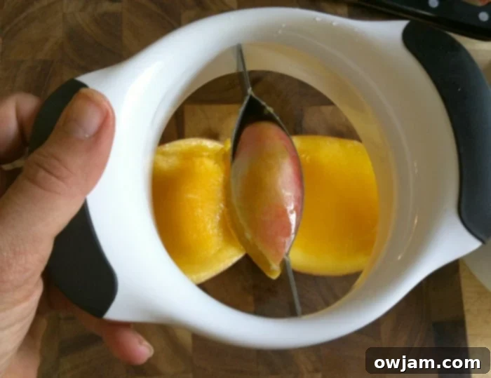 A mango perfectly split by the OXO tool, with clean halves and the pit cleanly removed, showcasing the tool's efficiency.