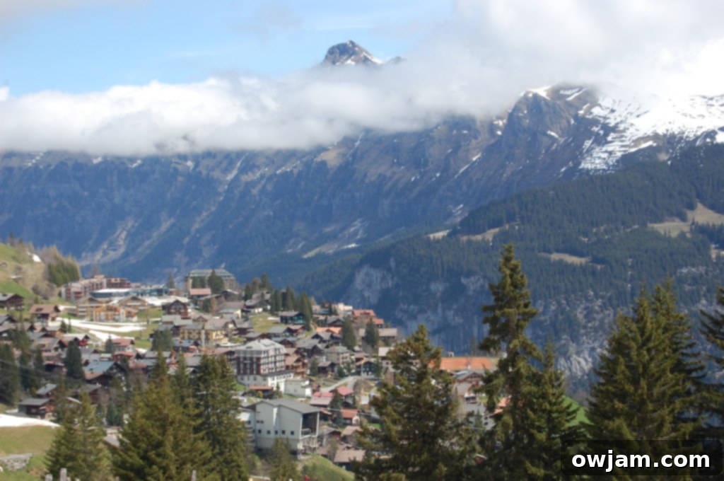 A winding hiking trail through an alpine meadow in Murren, with mountains in the background.