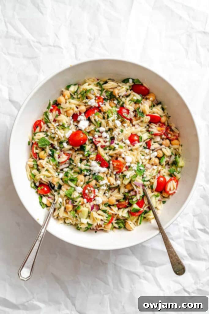 Summer Orzo Pasta Salad fully mixed and dressed in a large bowl, ready to be served.