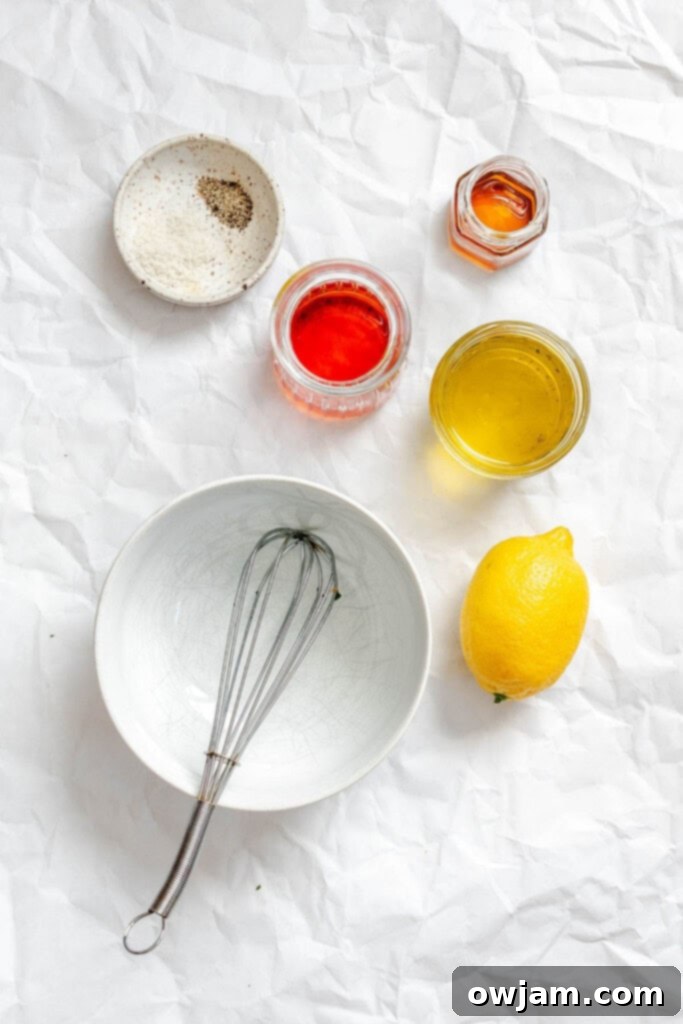 Ingredients for the lemon vinaigrette dressing for Summer Orzo Pasta Salad.