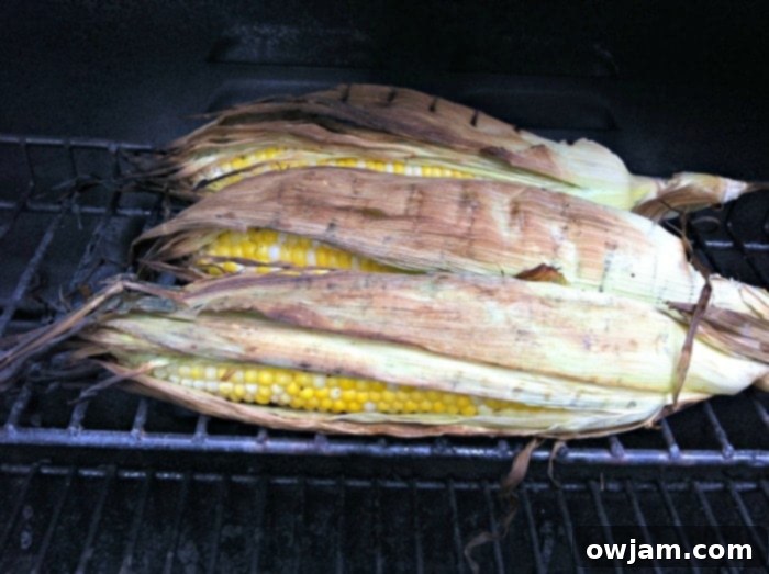 Close up of perfectly grilled corn before slicing for salsa