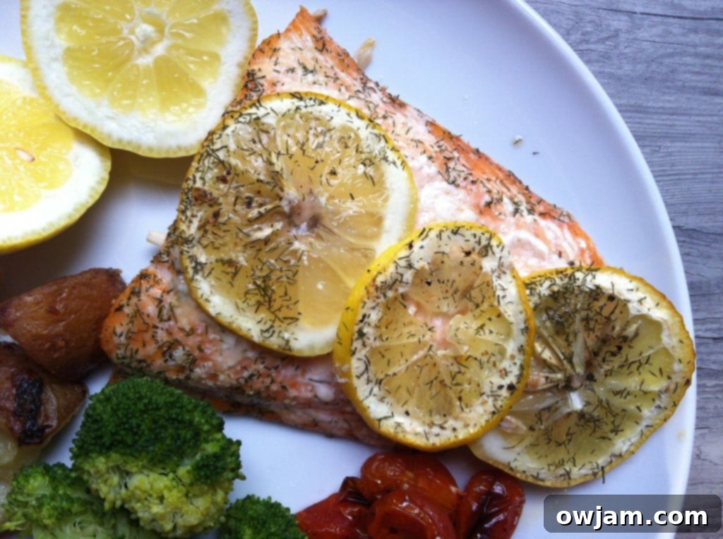 Perfectly plated Lemon Dill Salmon, garnished with fresh dill and lemon slices, served alongside roasted vegetables for a complete and healthy meal.