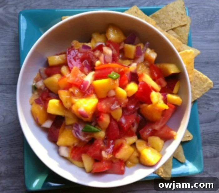 Bowl of Fresh Peach, Mango and Nectarine Salsa with tortilla chips