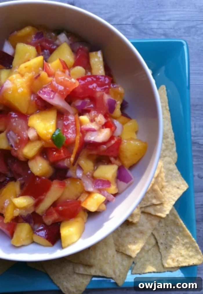 Close-up of a bowl filled with vibrant Peach, Mango, and Nectarine Salsa