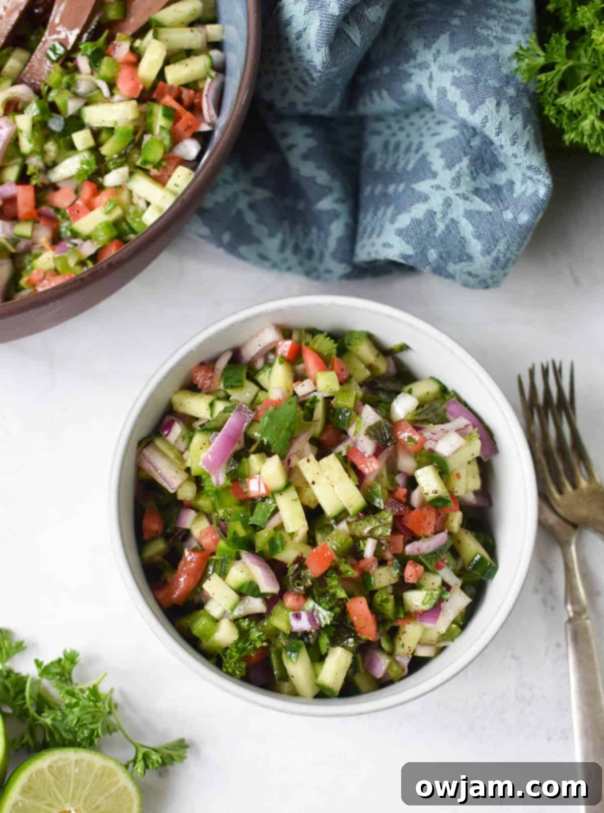 Shirazi Salad Recipe in a white bowl 