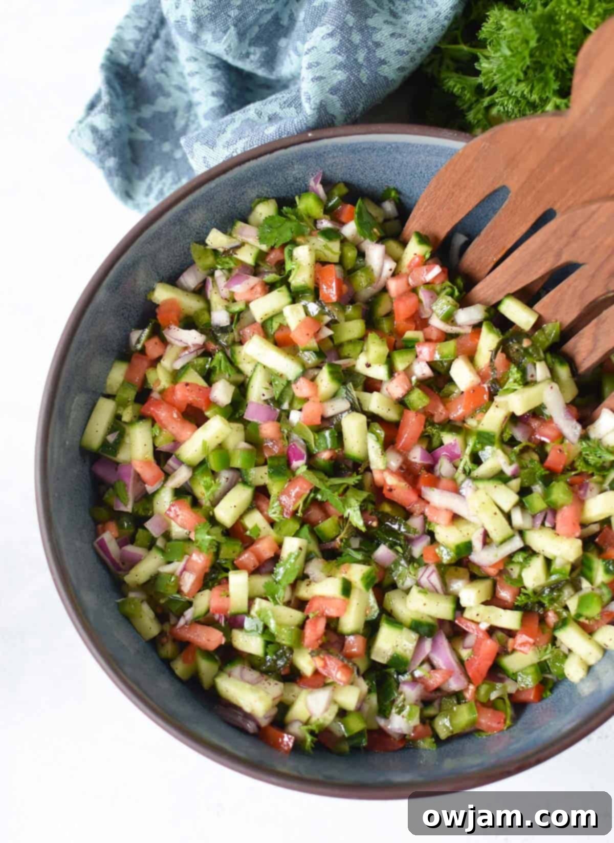 Shirazi Salad Recipe in blue bowl