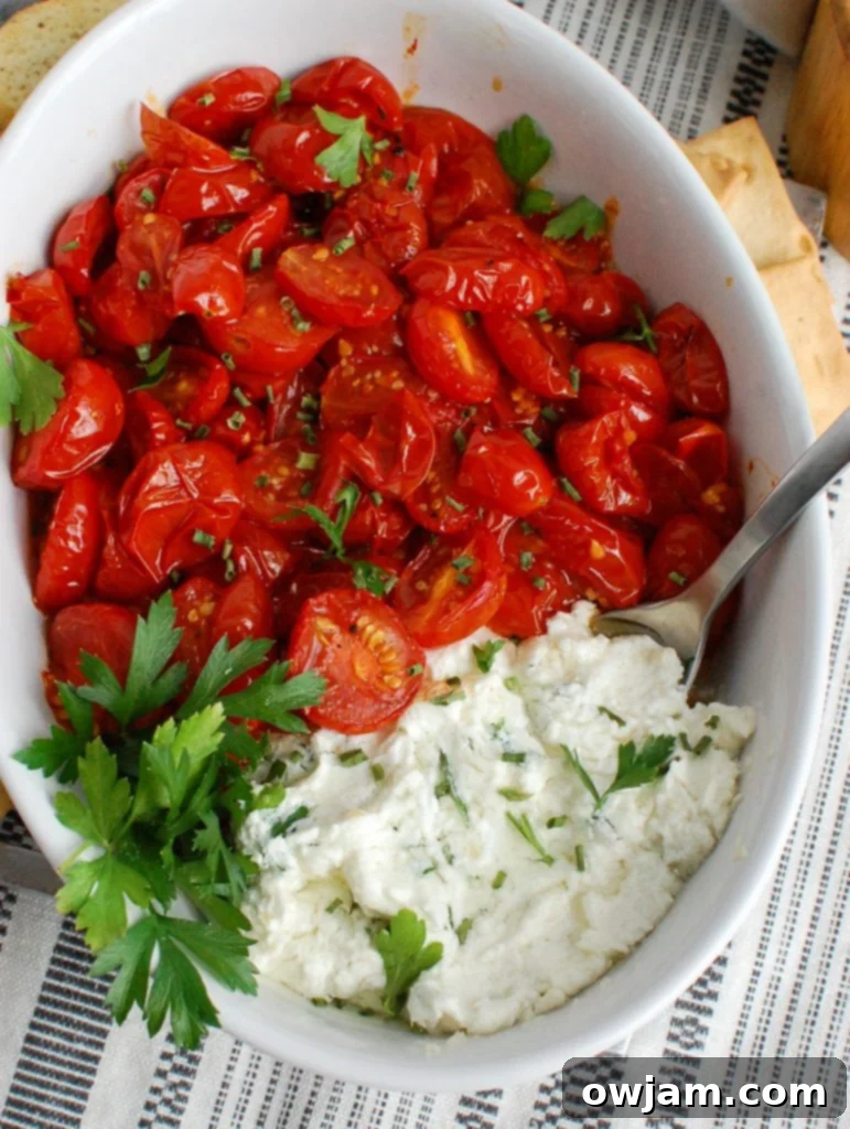 Roasted Tomato and Creamy Goat Cheese Dip 5 Goat Cheese and Roasted Tomato Dip in a white dish, garnished with roasted tomatoes and fresh parsley.