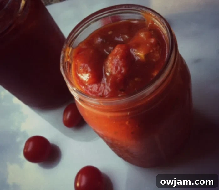 Homemade pasta sauce featuring slow roasted tomatoes, ready to be tossed with pasta.