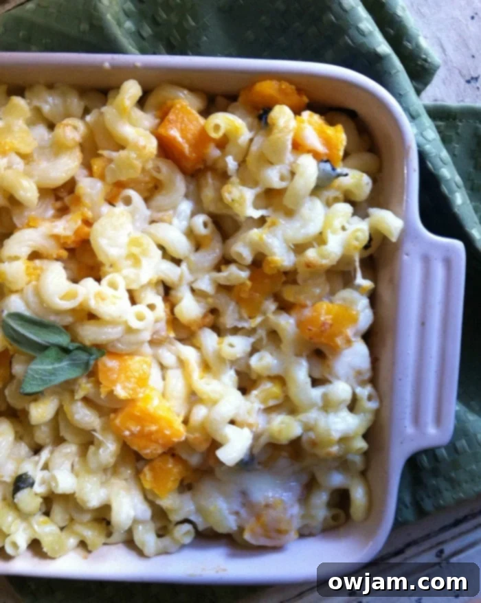 Creamy Roasted Butternut Squash and Sage Mac & Cheese in a large serving bowl