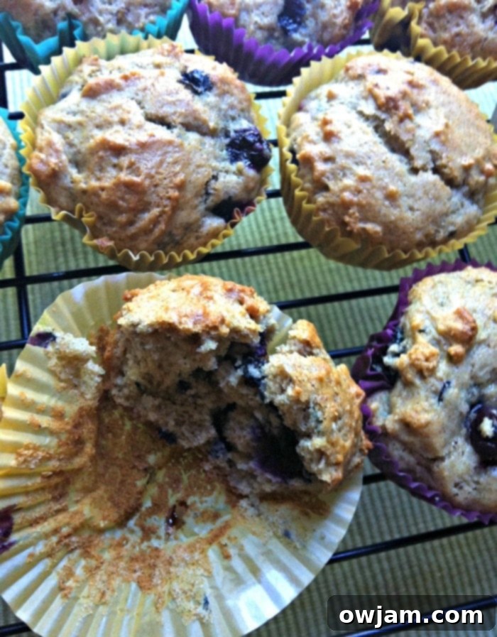 Three beautifully baked Cinnamon Yogurt Blueberry Muffins stacked on a wooden board, showcasing their soft, appealing texture and a hint of blueberries.