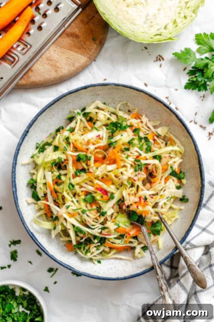 Lightened Up Coleslaw 12 Healthy Coleslaw in a rustic bowl, garnished with fresh herbs, ready to be served.