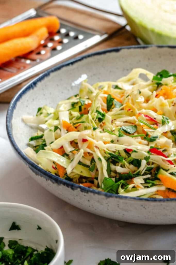 Lightened Up Coleslaw 3 Healthy Coleslaw served in a blue-rimmed bowl, ready to be enjoyed.