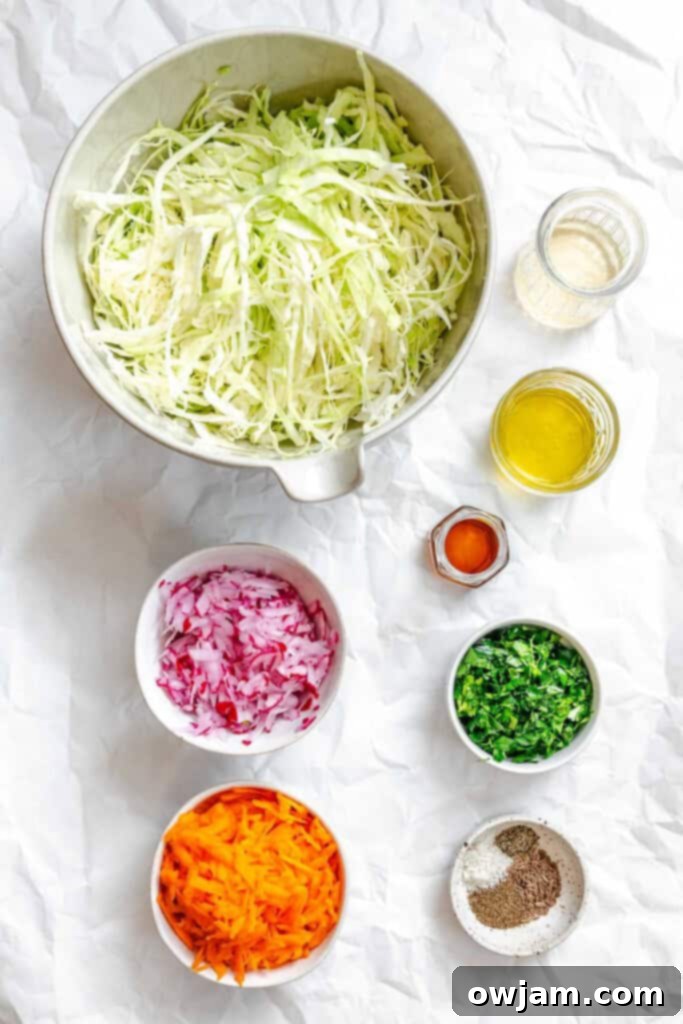Lightened Up Coleslaw 4 Close-up of fresh ingredients for healthy coleslaw, including shredded cabbage, carrots, and radishes.