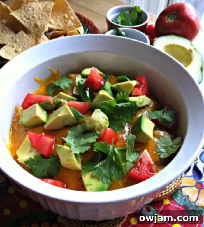 Creamy Baked Avocado Black Bean Dip ready for serving