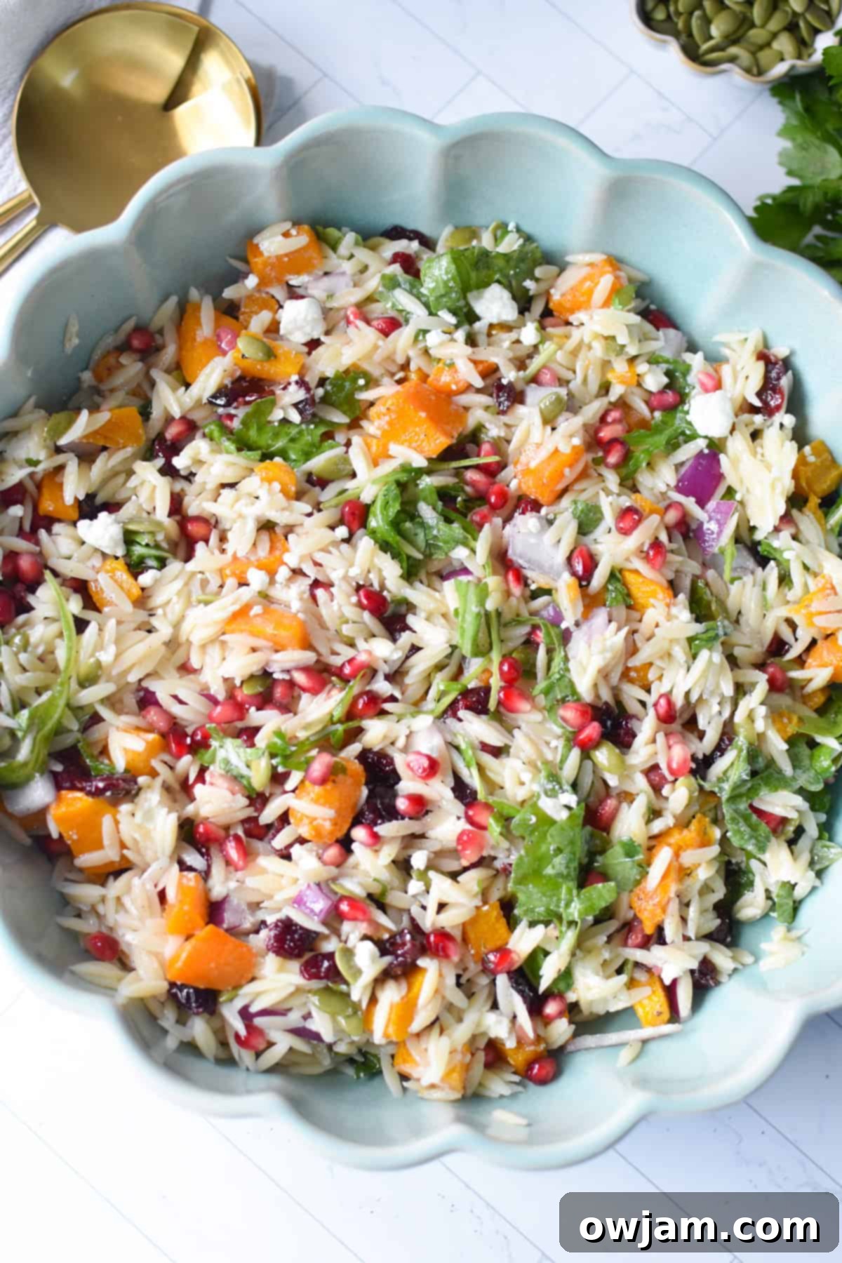 Fall Orzo Pasta Salad in a teal bowl with gold spoons