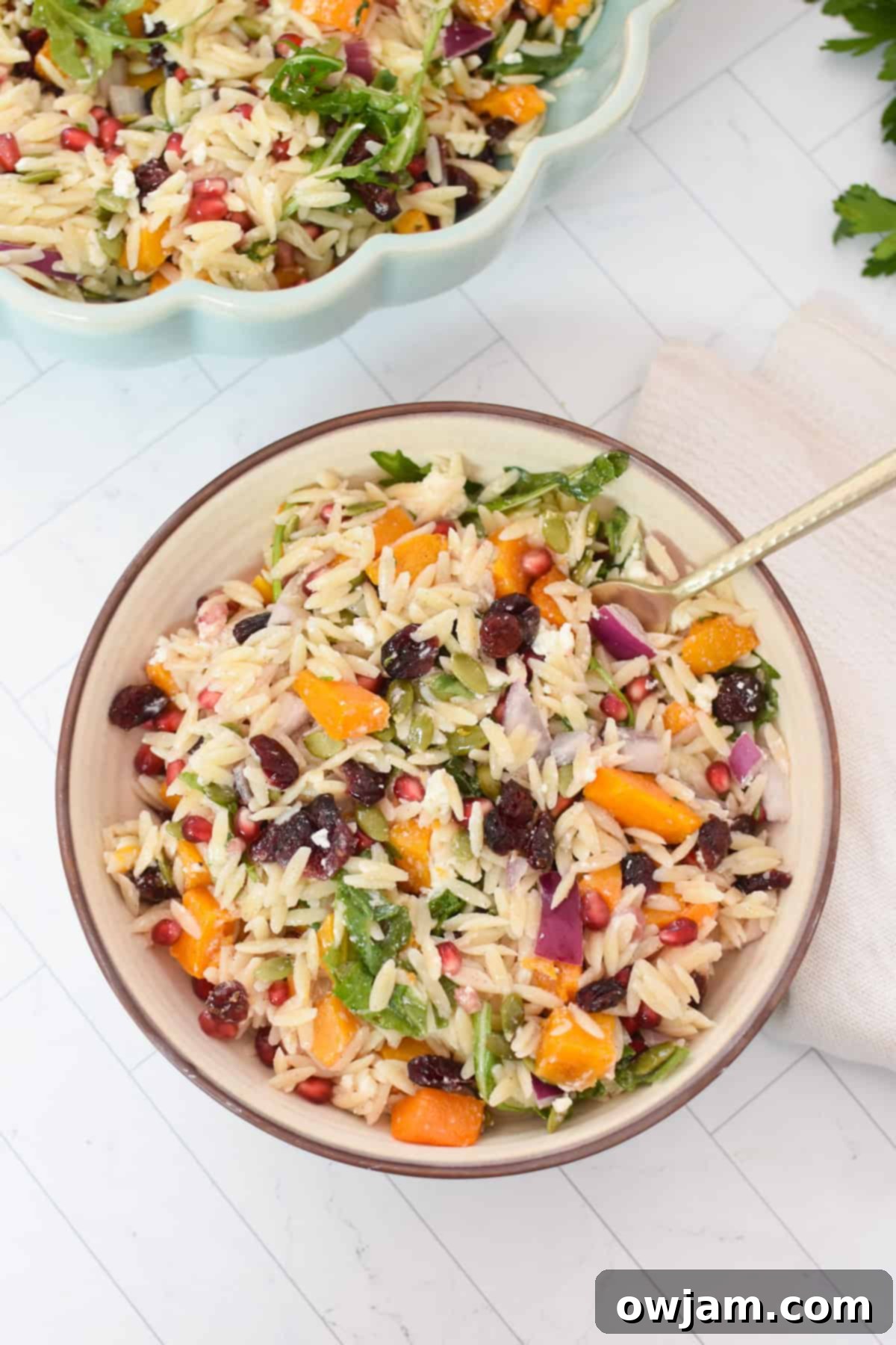Fall Orzo Pasta Salad in a small bowl with a gold fork