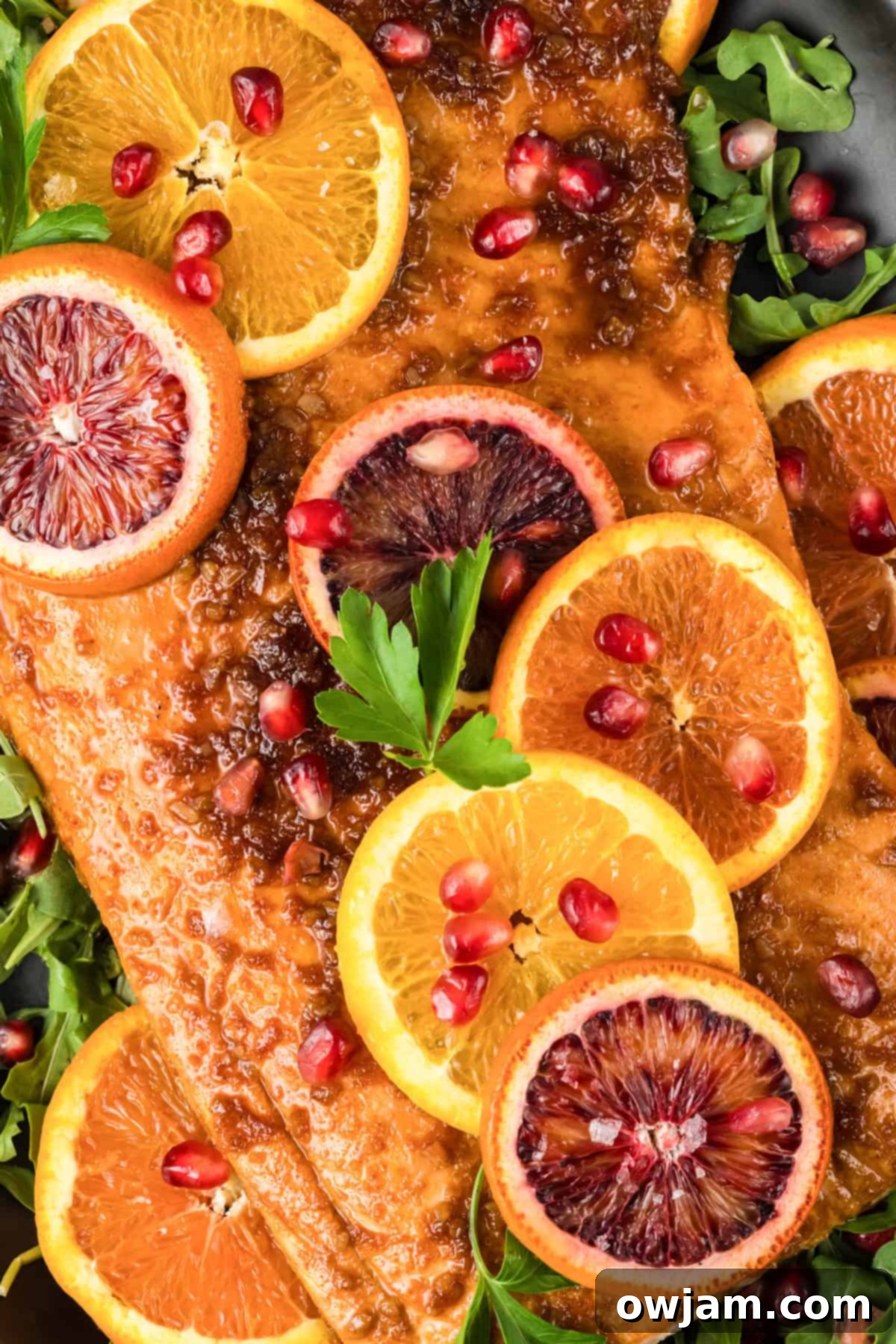 Orange Glazed Salmon with oranges and pom seeds on it