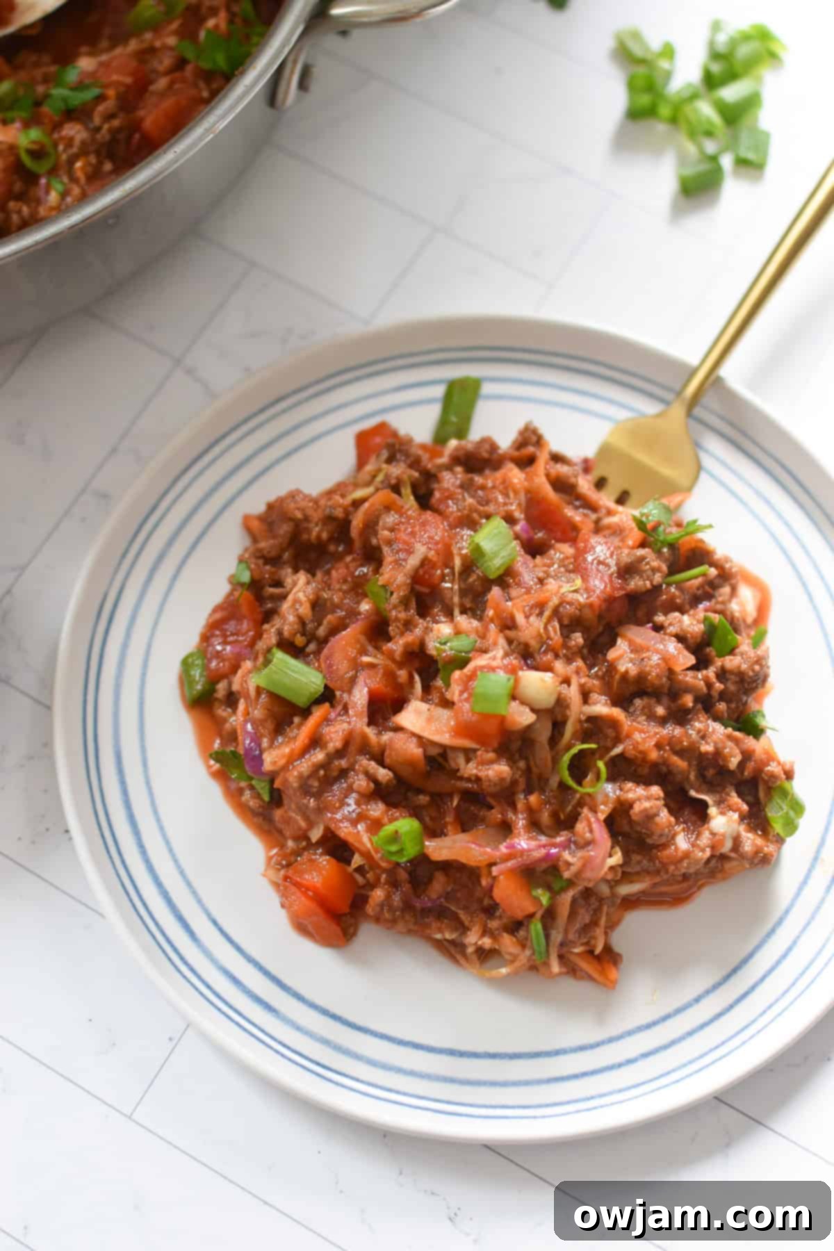 Mediterranean Beef Cabbage Skillet 6 Mediterranean Beef and Cabbage Stir-fry on white plate