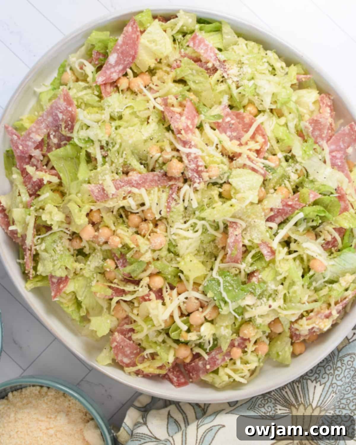 La Scala Style Chopped Salad Made at Home 11 Copycat La Scala Chopped Salad artfully arranged in a white bowl, ready for serving.