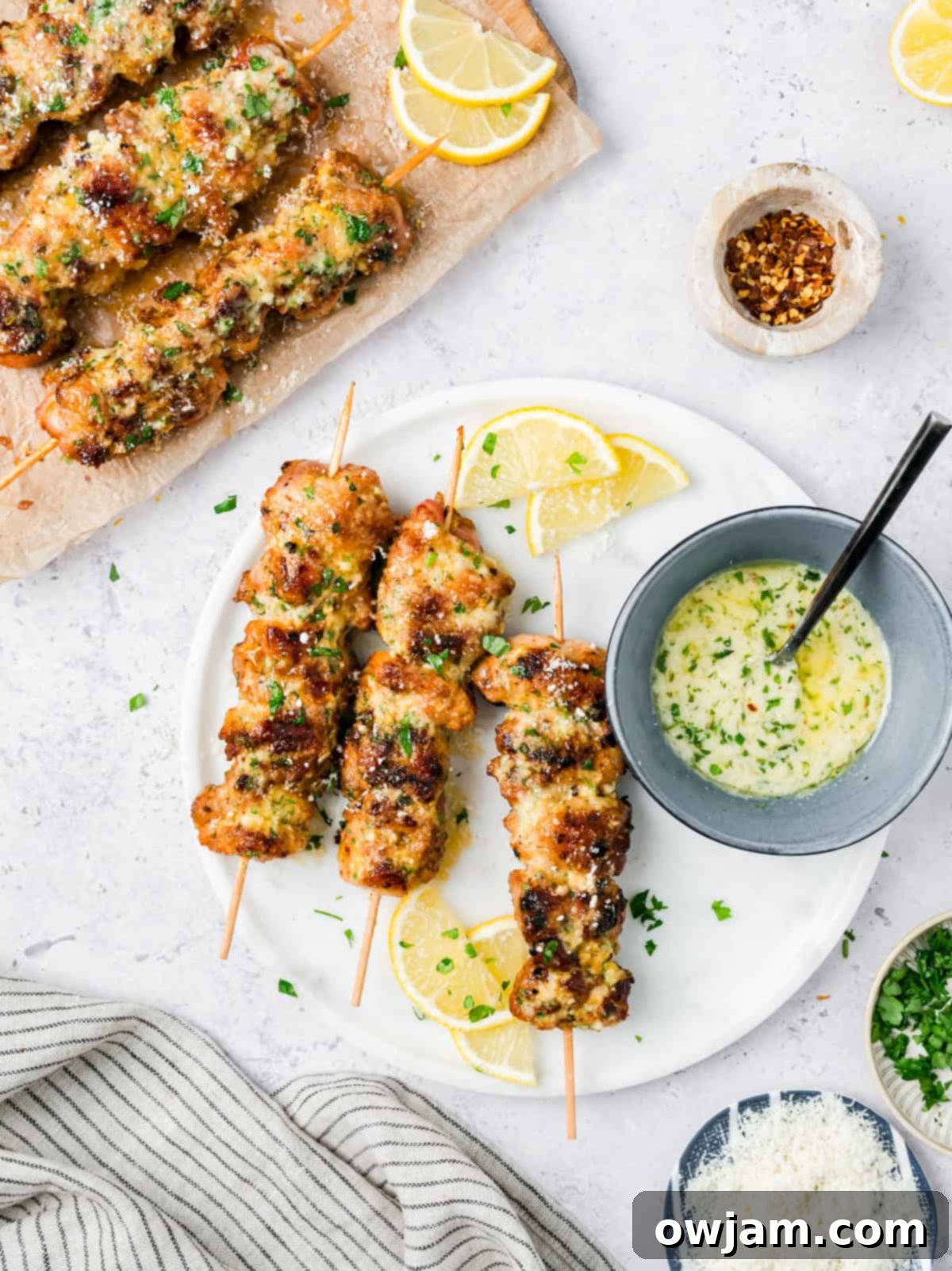 Garlic Parmesan Grilled Chicken Skewers with Lemon and Parsley