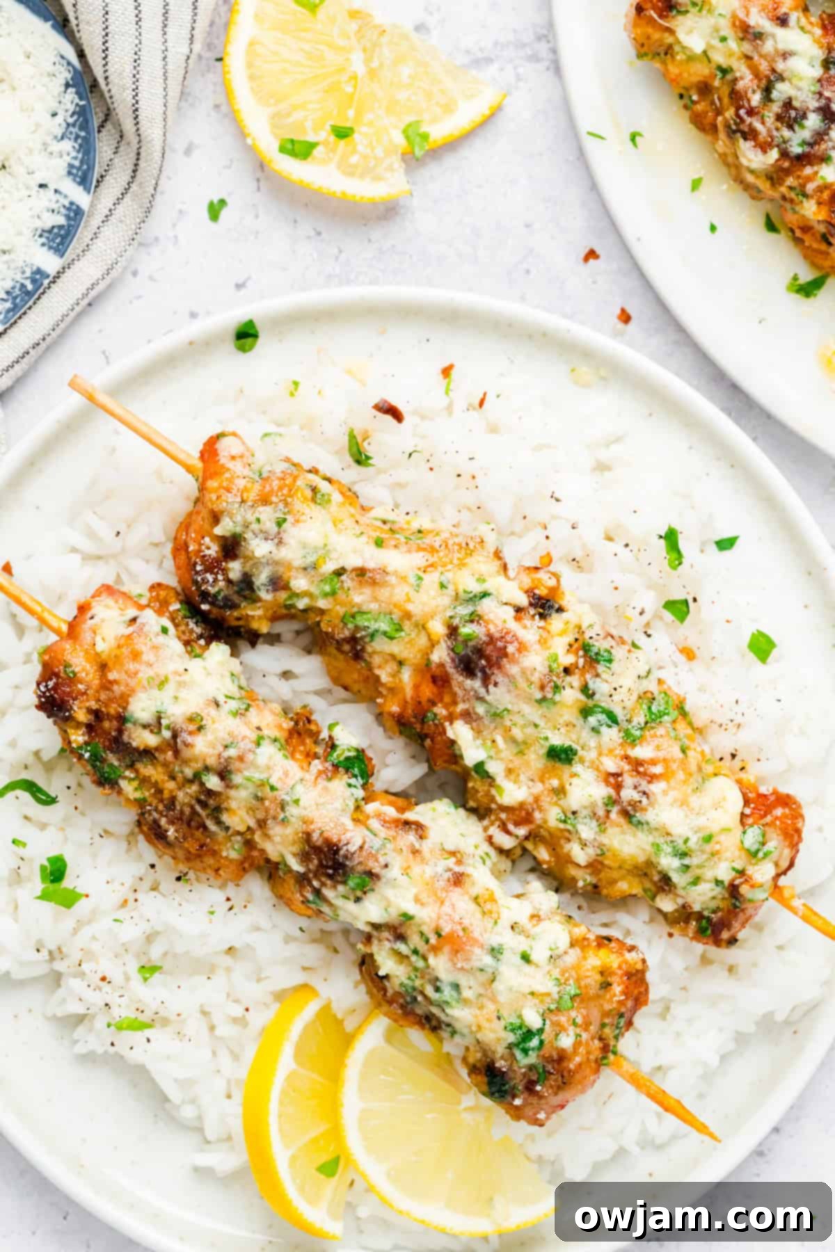 Juicy Grilled Chicken Skewers Brushed with Garlic Parmesan Butter Sauce