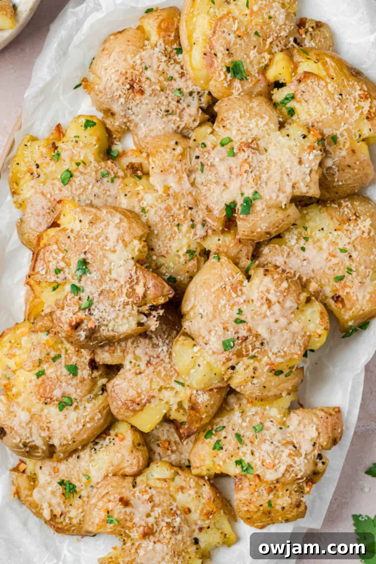 Garlic Parmesan Smashed Potatoes 2 Garlic Parmesan Smashed Potatoes on a white plate