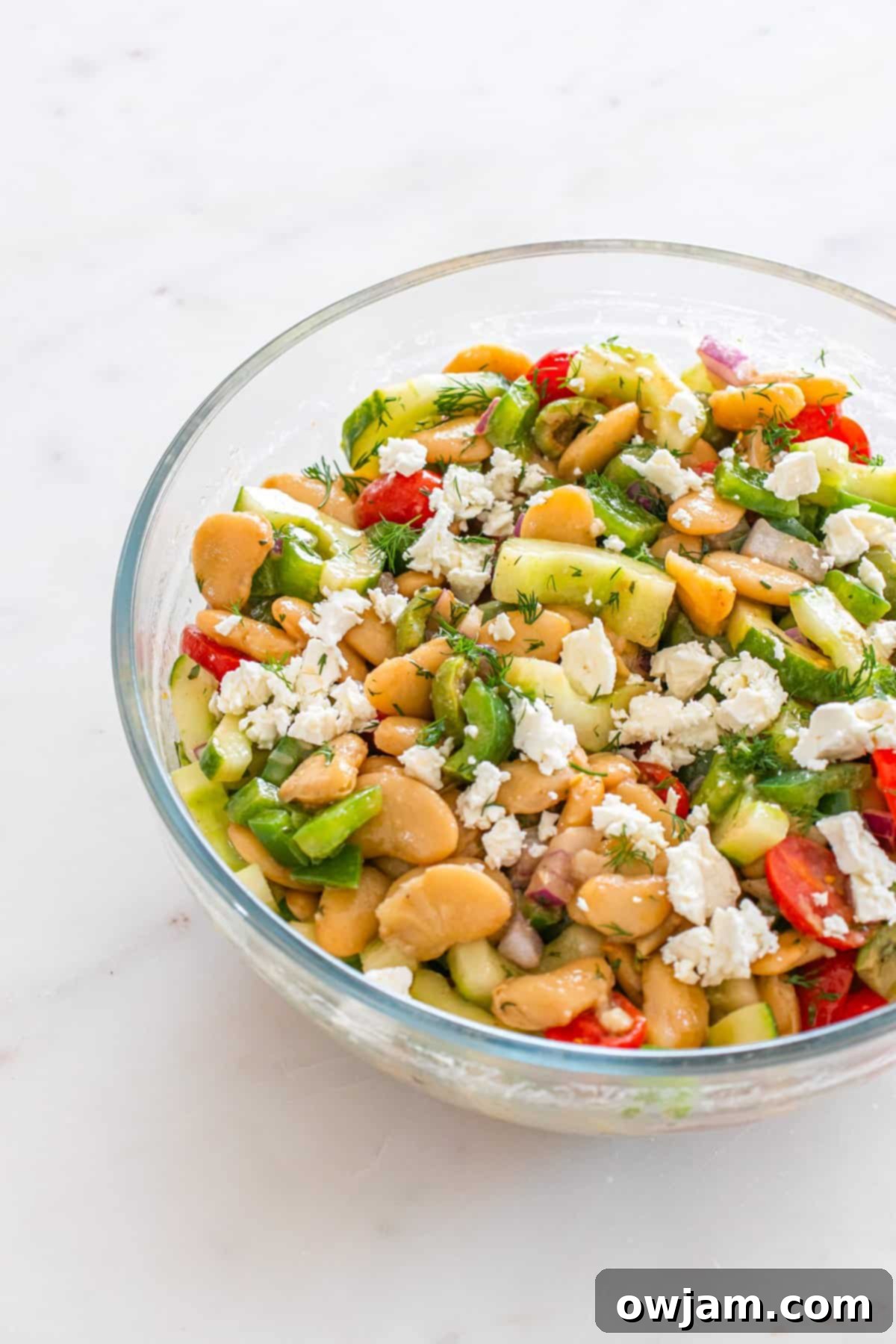 Greek Gigantes Bean Salad 10 Greek Butter Bean Salad in a glass bowl
