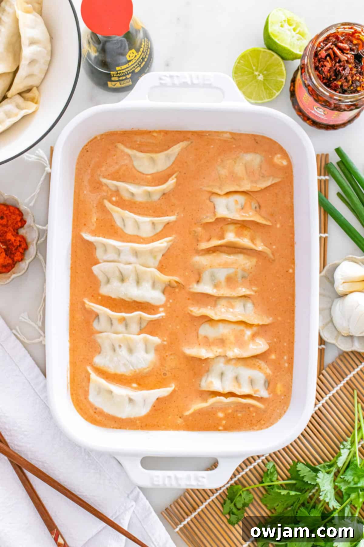 Sheet Pan Dumpling Dinner 9 Dumplings in Coconut Sauce in Baking Pan