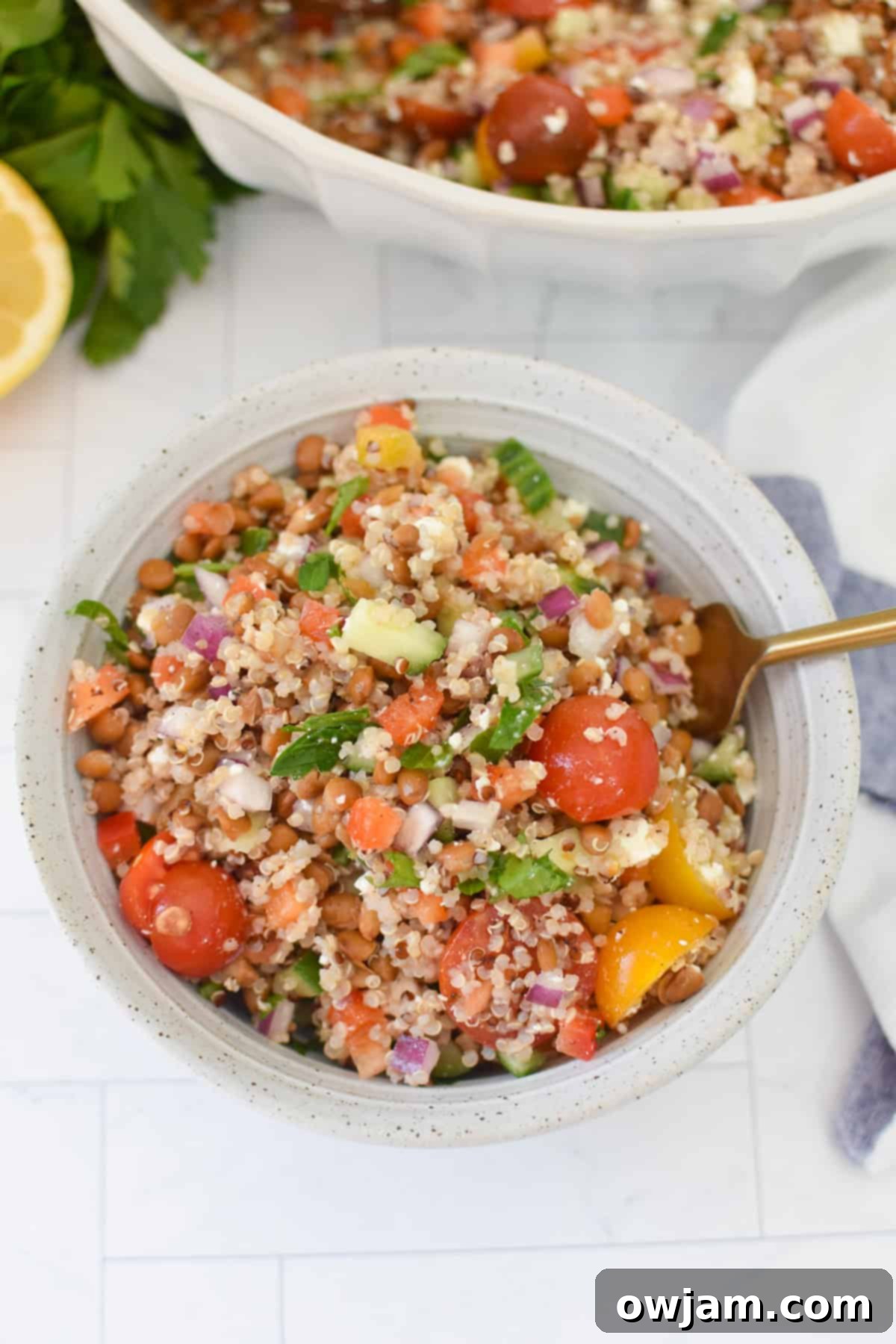 Protein-packed lentil and quinoa salad in a bowl